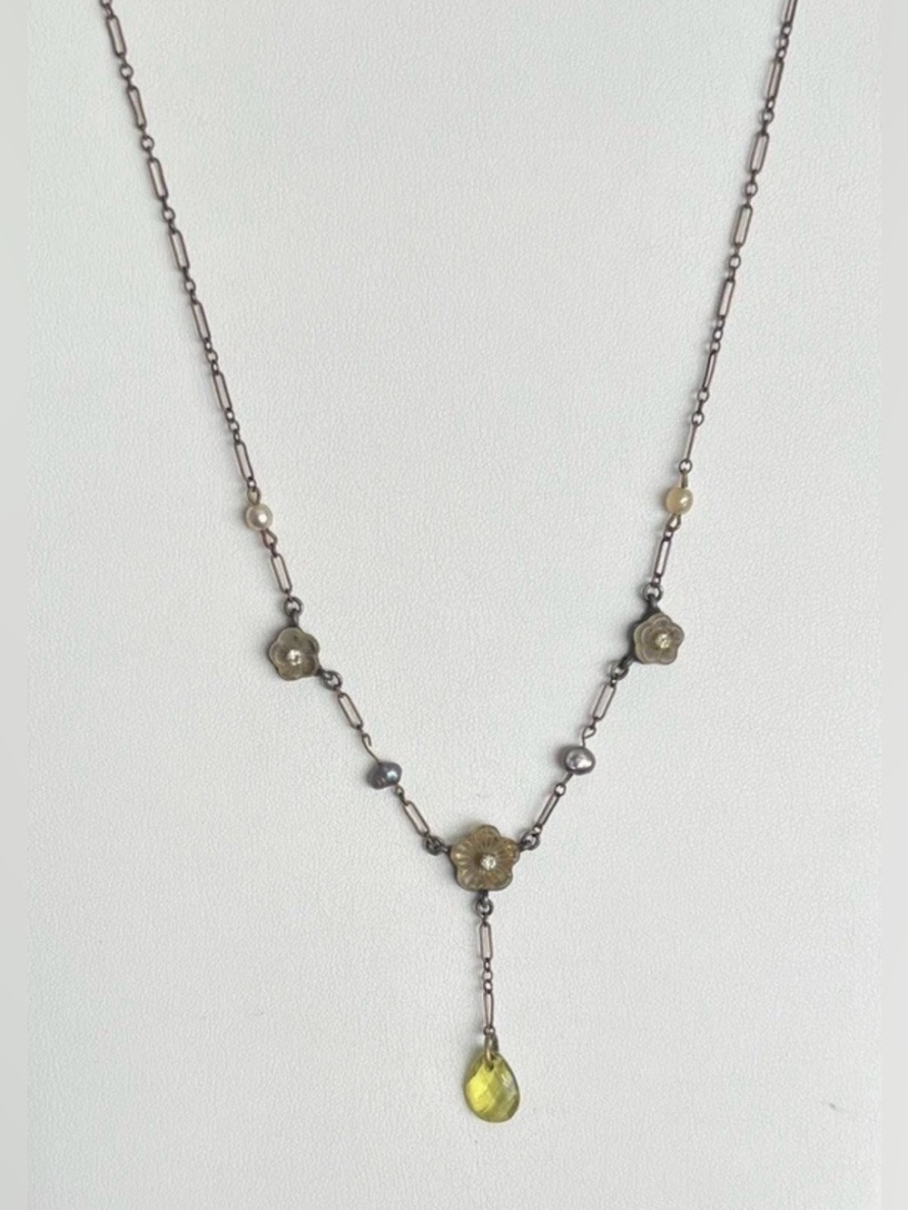 Gerard Yosca New York Antiqued Brass Glass Pearl Y-Drop Lavalier Necklace